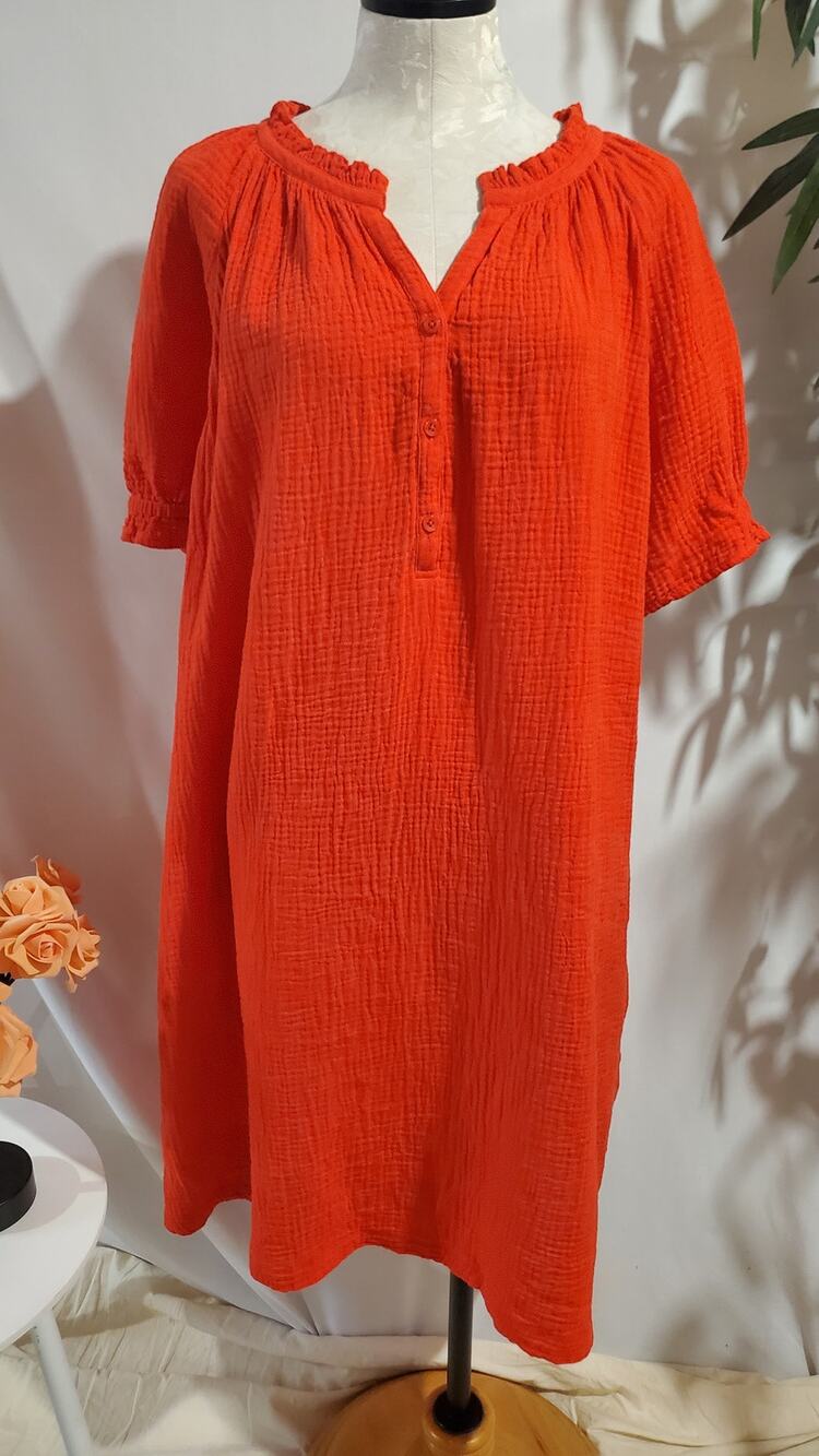 Chicos Cotton Gauze Short Sleeve Dress Plus Size 4 US XXL 20 Red Pockets Natural